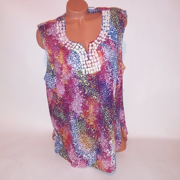 Jaclyn Smith Tank Top Womens XXL Colorful Leopard Beaded Trim‎ V Neck Sleeveless - Picture 1 of 13